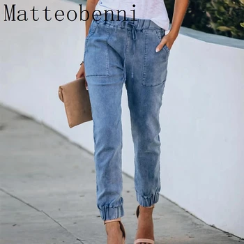 

New Mid Waist Drawstring Jeans Women Vintage Ankle-Length Denim Pants Light Washed Pencil Pants Casual Trouser 2020 summer Jeans