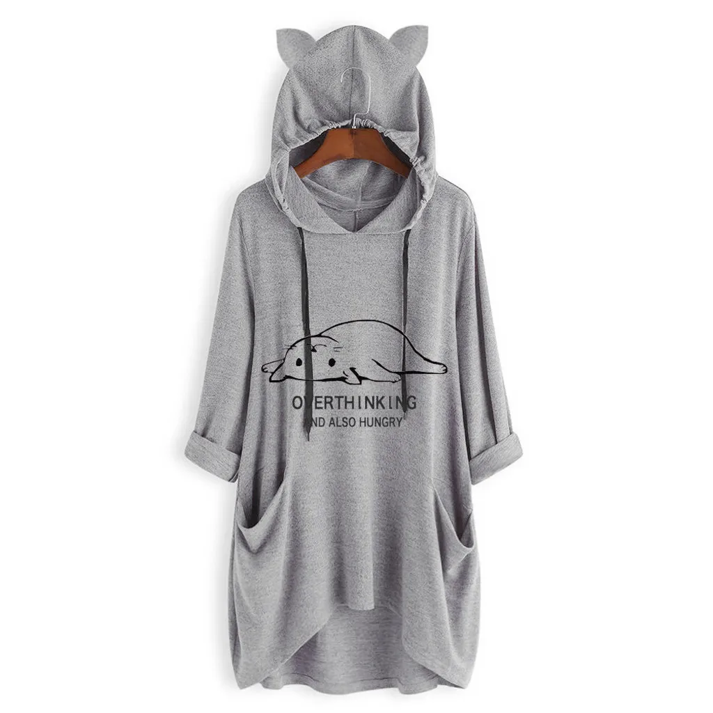 

feitong Women Casual Print Cat Ear Hooded Long Sleeves Letter Irregular Top ropa de mujer oto o invierno 2019 sudadera mujer