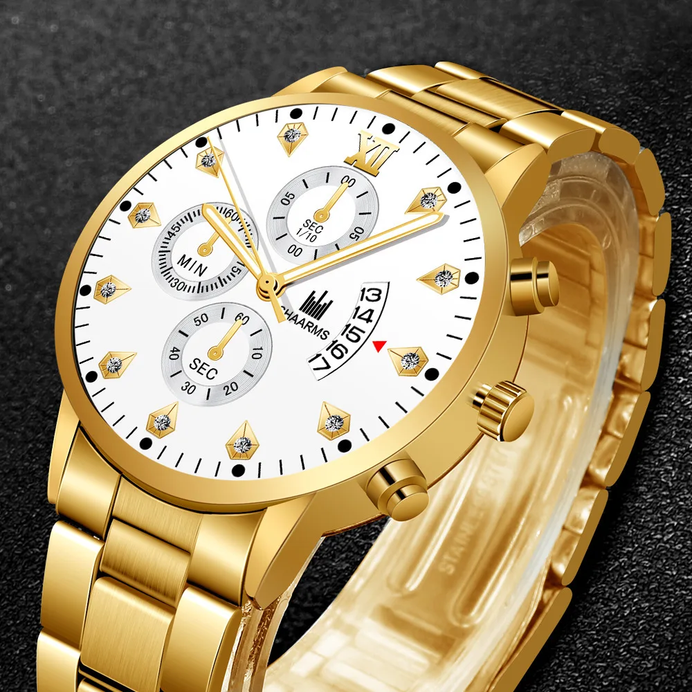 2021 Luxury Brand SHAARMS Alloy Strap Men's Watch Diamond Waterproof Quartz Watch for Men's Analog Three-eye Calendar Male Clock