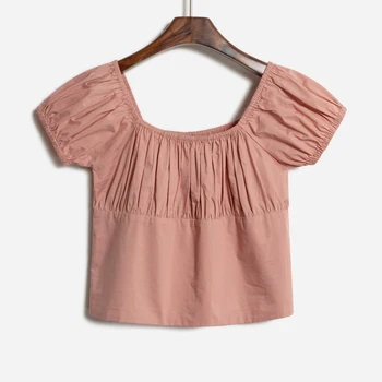 

French Square Collar Short Sleeve T-shirt Women 2020 Spring Summer Solid Color Puff Sleeve High Waist Short Shirt