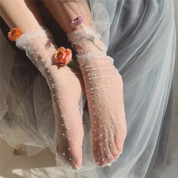 

1pair Sexy Dot Lace Socks Women Transparent Mesh Ankle Socks Ladies Ultra-Thin Princess Tulle Socks Female