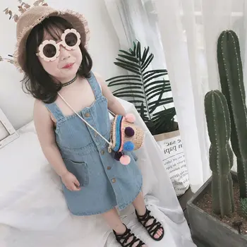 

Girls' Casual Buckle Denim Suspender Dress2020 Spring and Summer New Baby Korean Wild Suspender Cowboy Dress Baby Clothes 2-7Y
