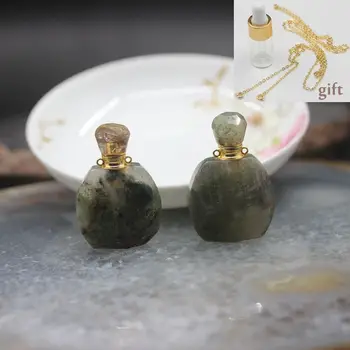 

Natural Green Garden Crystal Perfume Bottle Pendants,Plated Gold Faceted Quartz Stone Essential Diffuser Necklace Charms Jewelry