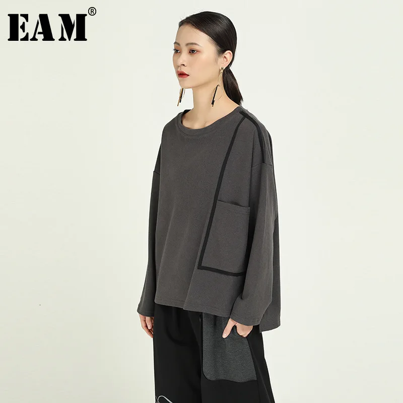 

[EAM] Women Black Pattern Split Joint Big Size T-shirt New Round Neck Long Sleeve Fashion Tide Spring Autumn 2020 19A-a512