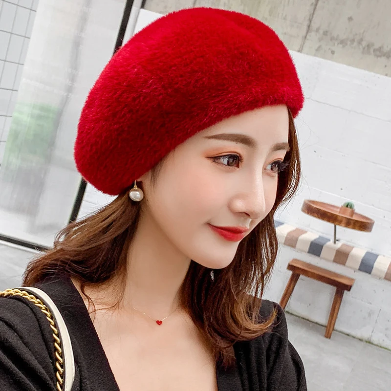 

HT2655 Berets Solid Plain Autumn Winter Beret Hat High Quality Faux Fur Women Hat Ladies Artist Painter Knitted Hat Women Berets