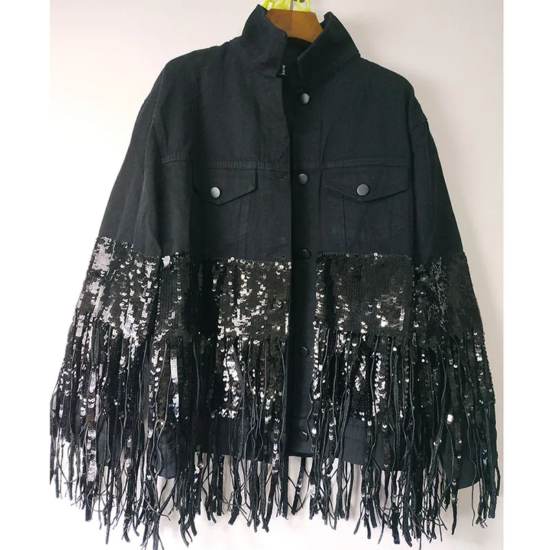 incredible  2019 new heavy industry tassel sequin single-breasted fashion denim jacket