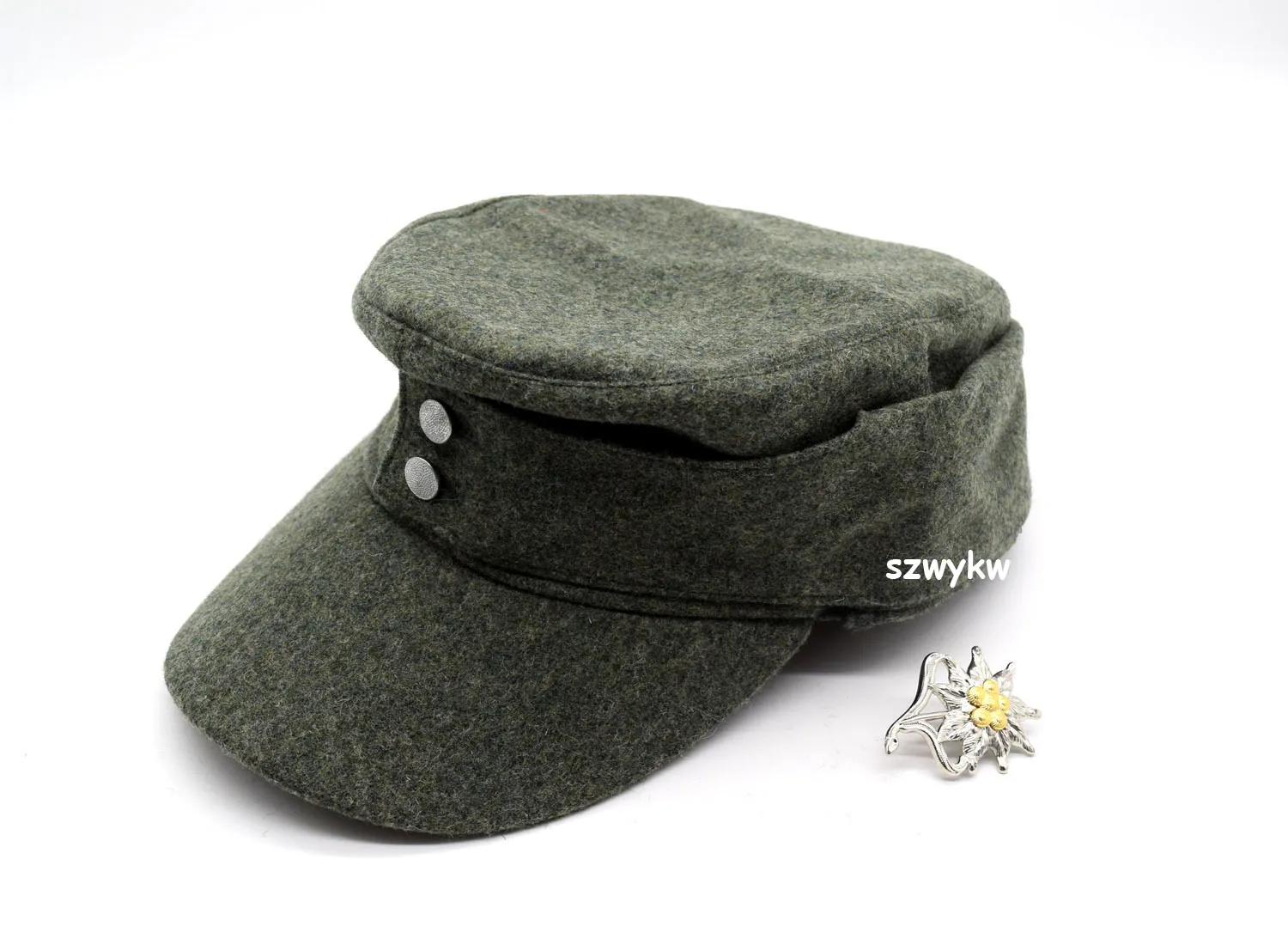 

WWII German WH Elite EM M43 Panzer Wool Cap Hat Green+EM Edelweiss Mountain badge