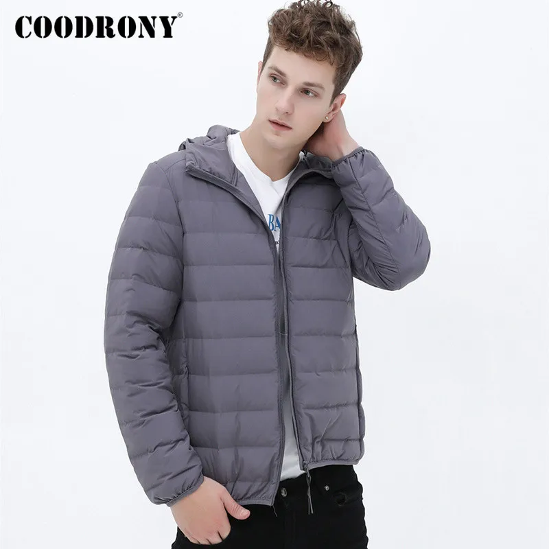 Бренд COODRONY, мужская куртка-пуховик на утином пуху, осенне-зимняя куртка, пальто с капюшоном, с карманами на молнии, классическое модное повседневное теплое пальто 98021 - Цвет: Серый