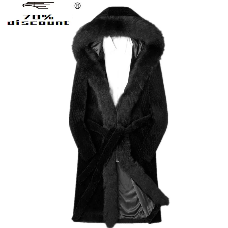 

Real Sheep Shearling Fur Coat Winter Jacket Men 200%Wool Coat Fox Fur Collar Long Coat Chaqueta Hombre LSY088306MY2243