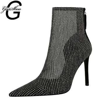 

GENSHUO Thin High Heel Women Ankle Boots Sexy Solid Black Crystal Pointed Toe Chelsea Boots Woman Shoes for Autumn Spring Summer