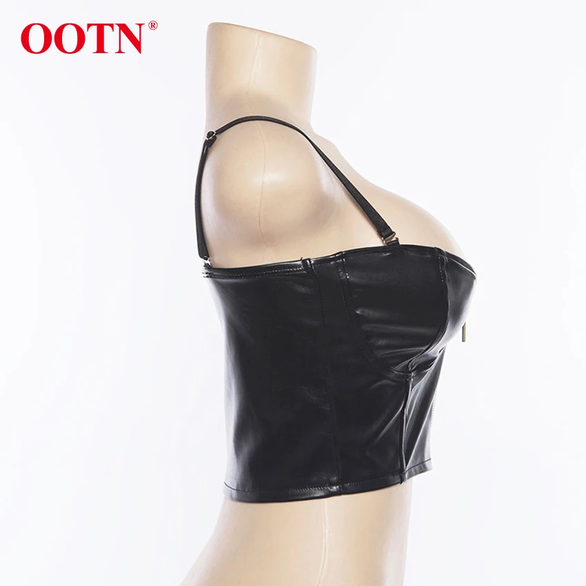 OOTN, кожзам, на тонких бретелях, Cami Top Femla, сексуальный черный топ без рукавов, женский топ с v-образным вырезом, на молнии, уличная зимняя одежда