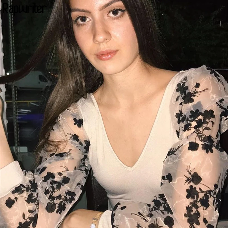 

Rapwriter Elegant Transparent Long Sleeve Appliques Patchwork Black Mesh Bodysuit Women 2019 V-Neck Stylish Tops Femme White