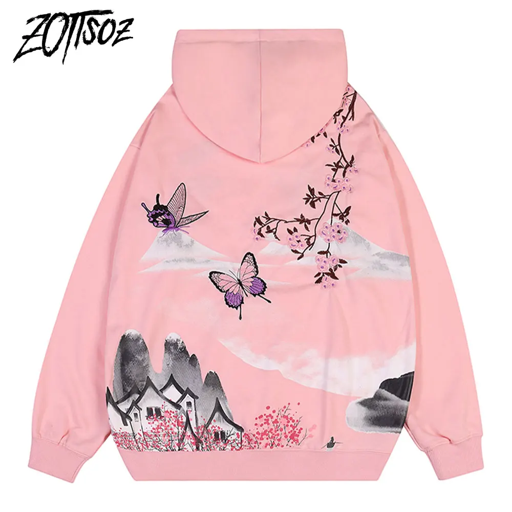 

Embroidery Flowers Butterfly Hooded Hoodies Streetwear Men Women Sky Mountain Print Sweatshirts Hip Hop Casual Harajuku Tops
