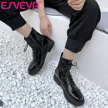 

ESVEVA 2021 Lace Up Elegant Genuine Leather+PU Zipper Ankle Boots Women Boots Winter Round Toe Shoes Low Heel Boots Size 34-39
