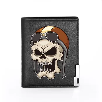 

2020 New Fashion Aviator Skull Printing Black Pu Leather wallet Men Boy Bifold Credit Card Holder Short Purse Male