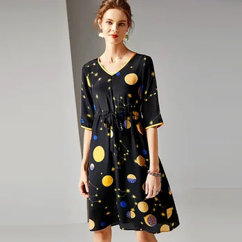 

black print starry sky floral silk dresses women 2020 summer brand long casual sexy office work beach boho dress plus size