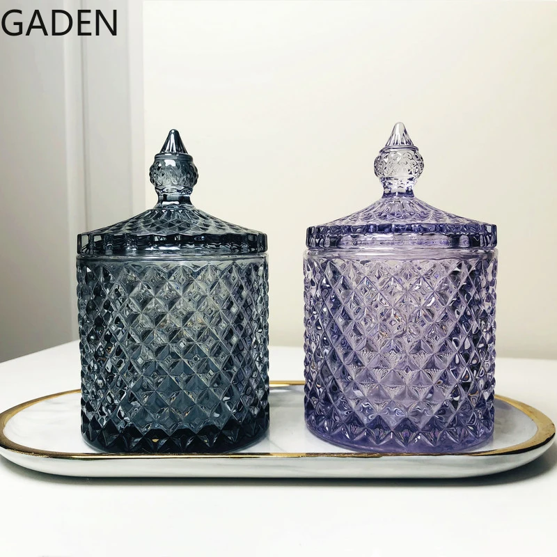 European Style Crystal Glass Storage Jar Multicolor Glass Decoration Storage Box with Lid Cotton Swab Box Desktop Decoration storage box storage jar