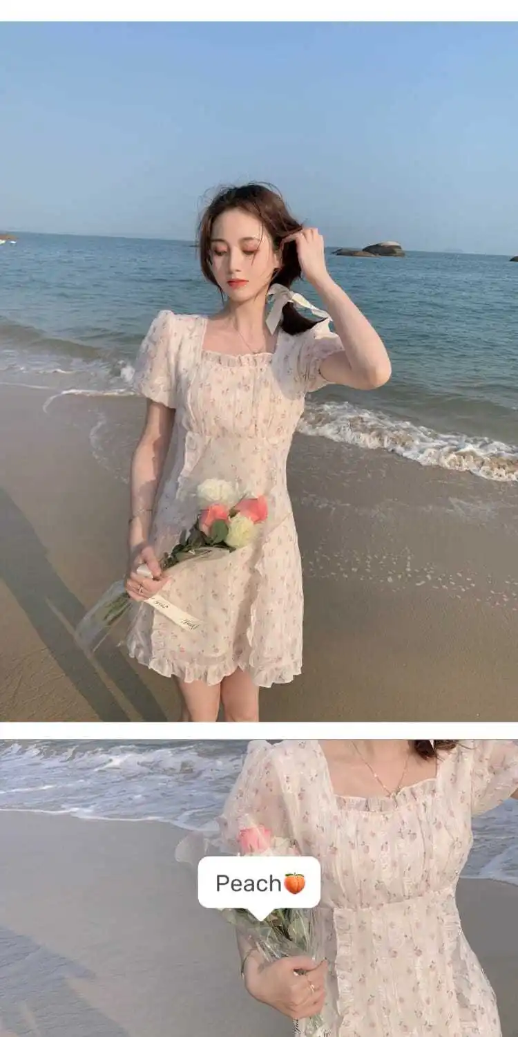 Dress Women Fairy Thin White Floral Elegant Sweet Puff Sleeve Mini A-line French Square Collar Edible Tree Fungus Ins Holiday casual dresses