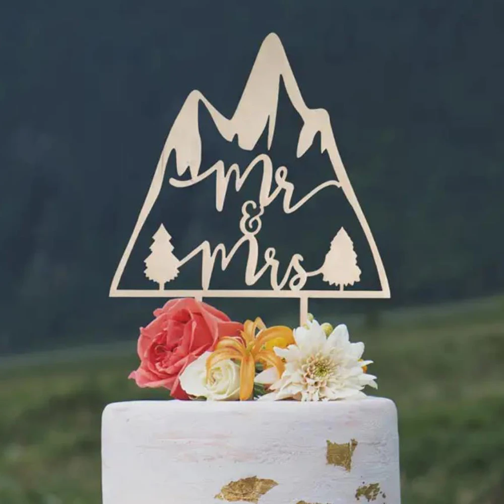

Unique Mr&Mrs Wedding Cake Decor, Mountain Rustic Cake Topper For Wedding Anniversary and Engagement in Mirror Gold Wood Acrylic