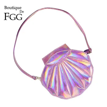

Boutique De FGG Irridescent PU Leather Women Casual Shoulder Handbags Shell Shape Ladies Cross-Body Bags Messenger Purses Bag
