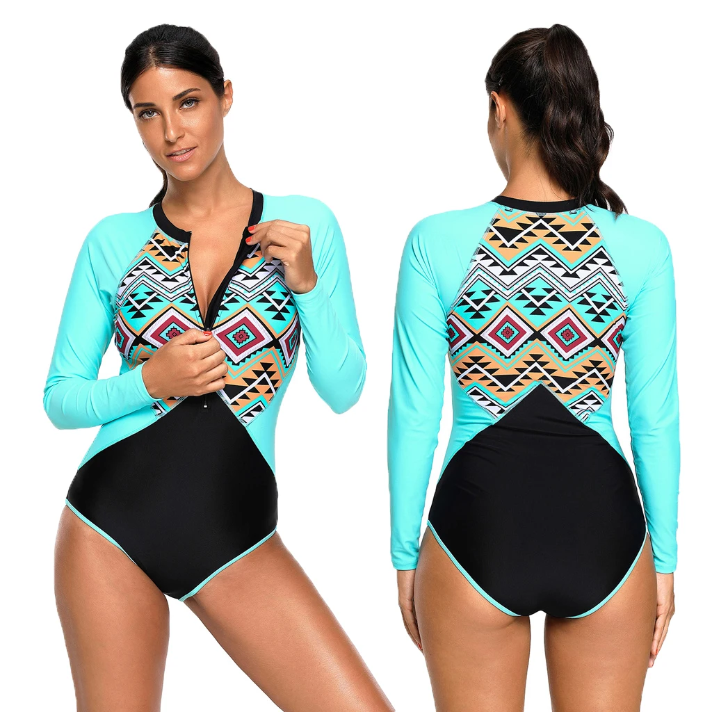 

Geometric Long Sleeve Zip Front One Piece Swimsuit Bathing Surfing Wear Long Sleeve Swimsuit