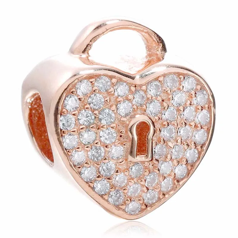 

Original Rose Openwork Lock Hearts With Full Crystal Bead Fit 925 Sterling Silver Bead Charm Bracelet Bangle Diy Jewelry