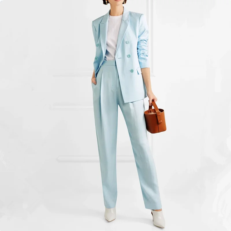 Double Breasted Peak Lapel Stylish Office Lady Light Blue Women's Suit For  Work Slim Fit Casual Plus Size Jacket Blazer Pants|Pant Suits| - AliExpress