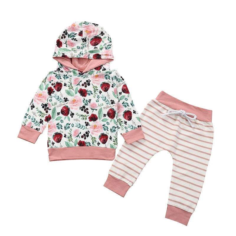 Pink Комплекты одежды для маленьких девочек; осенняя одежда для новорожденных девочек; топы с капюшоном и цветочным принтом; штаны в полоску; повязка на голову; комплект одежды - Цвет: Pink