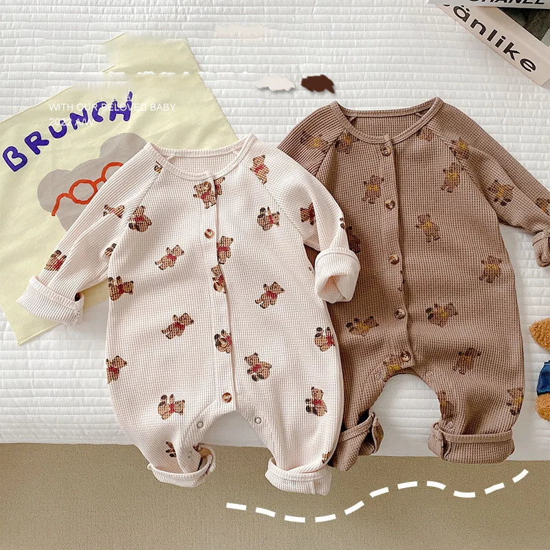 Autumn Baby Boy Bear Jumpsuits Waffle Rompers