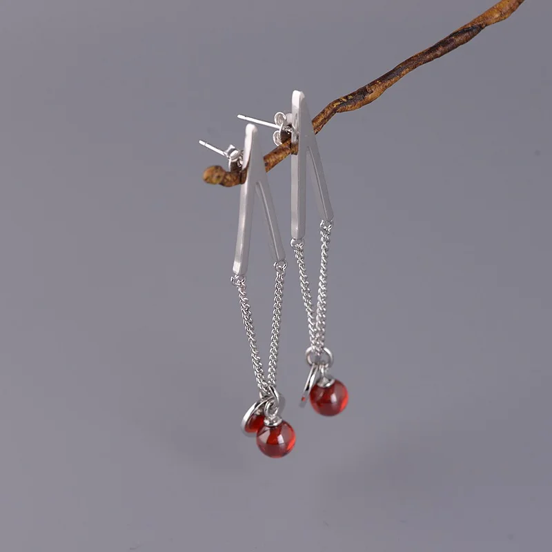 FNJ Tassel Hanging Earrings 925 Silver Original Pure S925 Sterling Stud Earring Women Jewelry Red Zircon Pearl | Украшения и