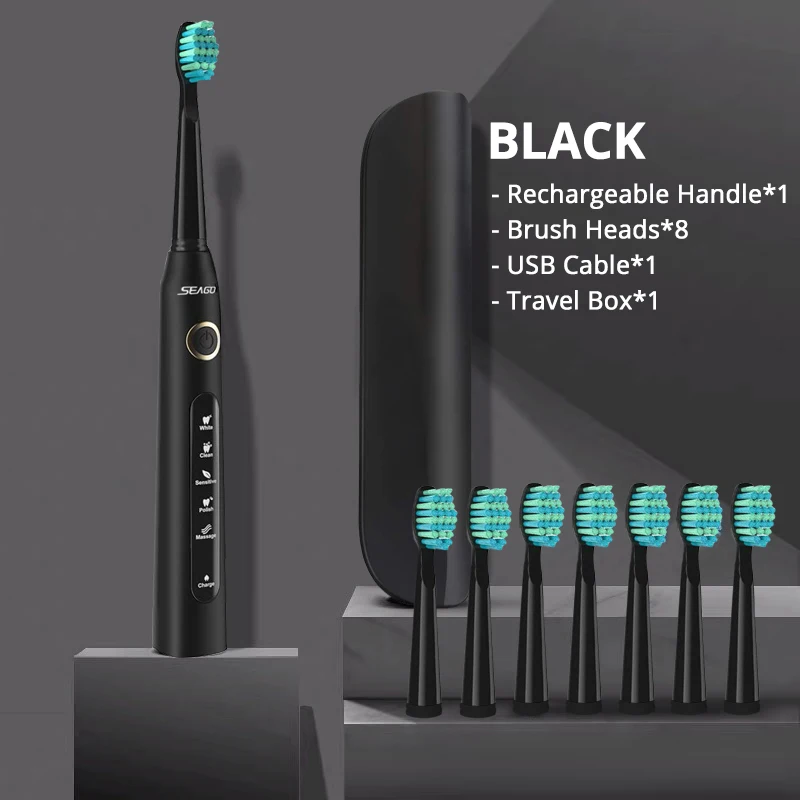 black with box Звуковая электрическая зубная щетка с насадками-щетками для заправки взрослых USB перезаряжаемая электрическая зубная щетка для путешествий водостойкая отбеливание зубов - Цвет: black with box