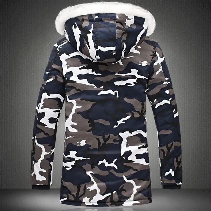 Бархатная зимняя куртка для мужчин, M-5XL, модные камуфляжные парки, мужские военные пальто, мужские утепленные пальто с хлопковой подкладкой и меховым капюшоном