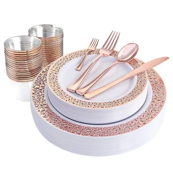 

AFBC 1 Sets of Rose Gold Disposable Tableware Set Cup Plastic Plate Table Knife Wedding Banquet Supplies