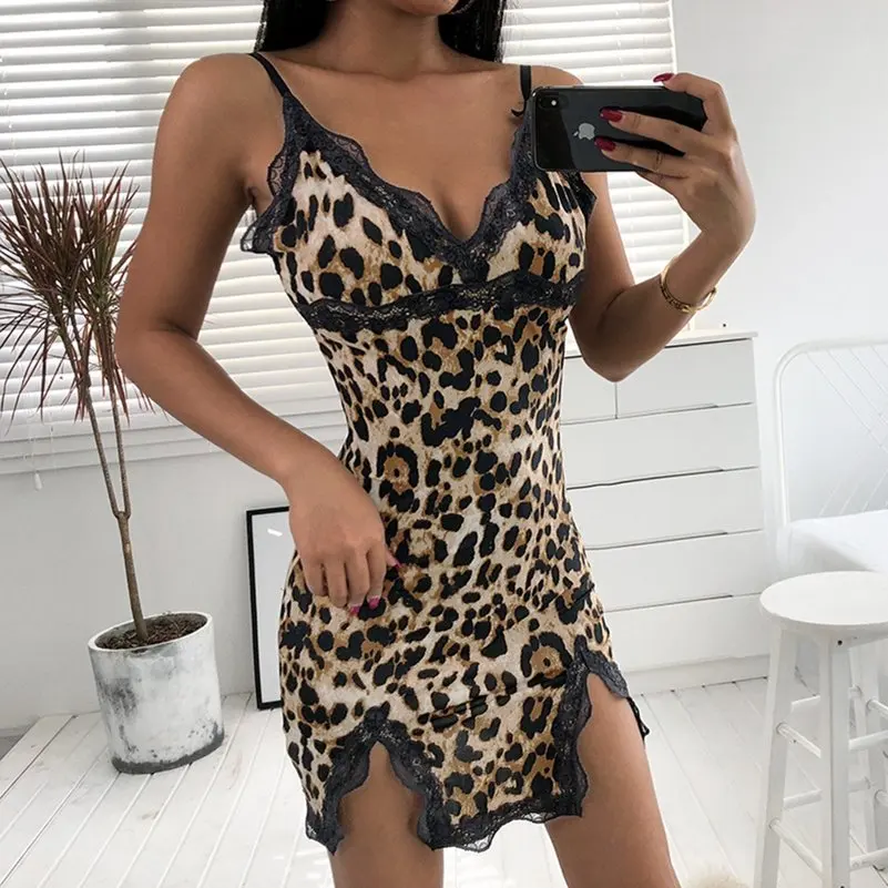 Leopard Print Sexy Lingerie Sleepwear Spaghetti Strap Lace Trim Night Dress with G-string Women Underwear Babydoll Nightwear