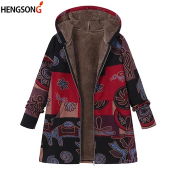 

Women Parkas Vintage Print Winter Plush Jacket Ladies Plus Velvet Long Sleeve Hooded Thick Zipper Jacket Outerwear Overcoats