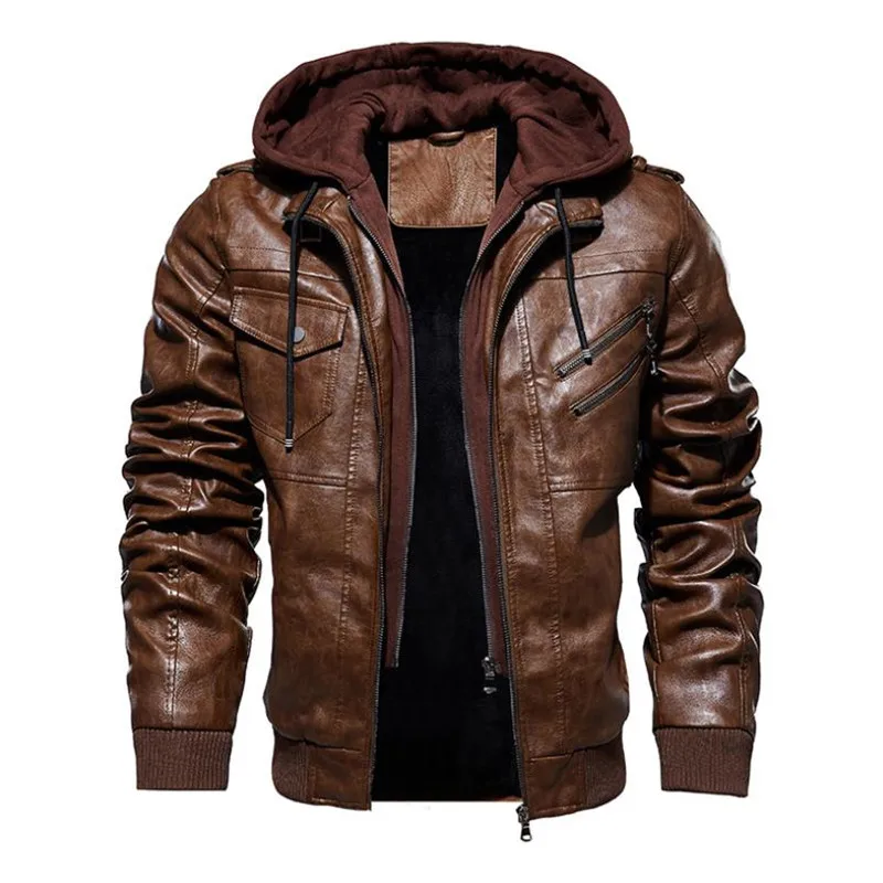 New autumn winter men's leather motorcycle jacket PU hooded jacket warm PU baseball jacket Large size M-4XL