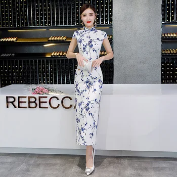 

FZSLCYIYI 2019 Summer Chinese Wind Women's qipao Dress long Vintage Mandarin Collar Printed Double-layer Cheongsam
