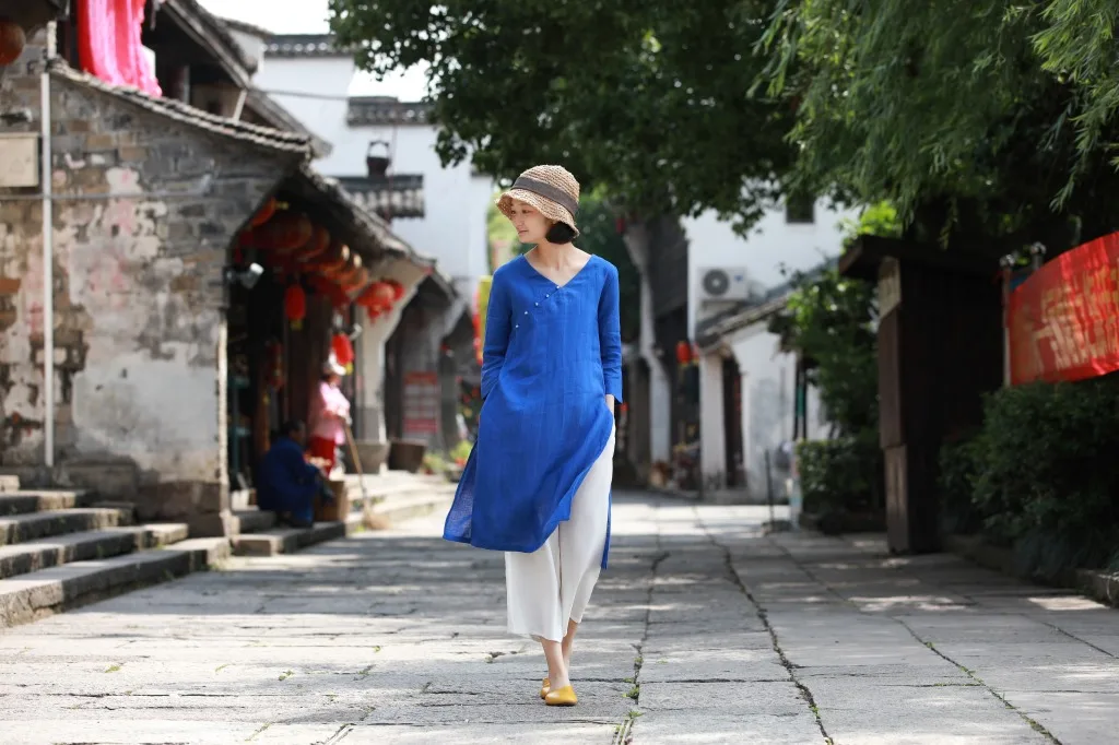 Y757 летнее улучшенное Xie Jin Cheongsam платье с высоким разрезом yu kou v-образным вырезом свободное и женское платье дзен большого размера