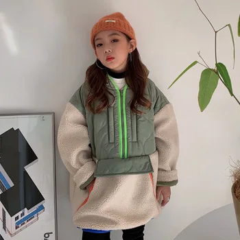 

New Style 2019 Winter Girls Pullover Coat Baby Girls Hooded Lamb Cashmere Jacket Kids Fashion Personality Patchwork Coat, #8085