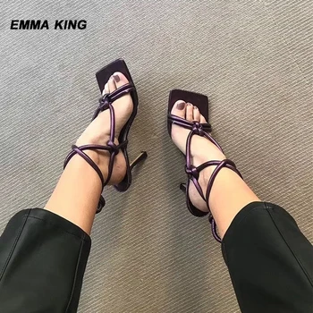 

Women Summer New Fashion Gladiator Sandal Ladies Square toe Narrow Band Ankle Stiletto Sexy Open Toe Heels Women 2020