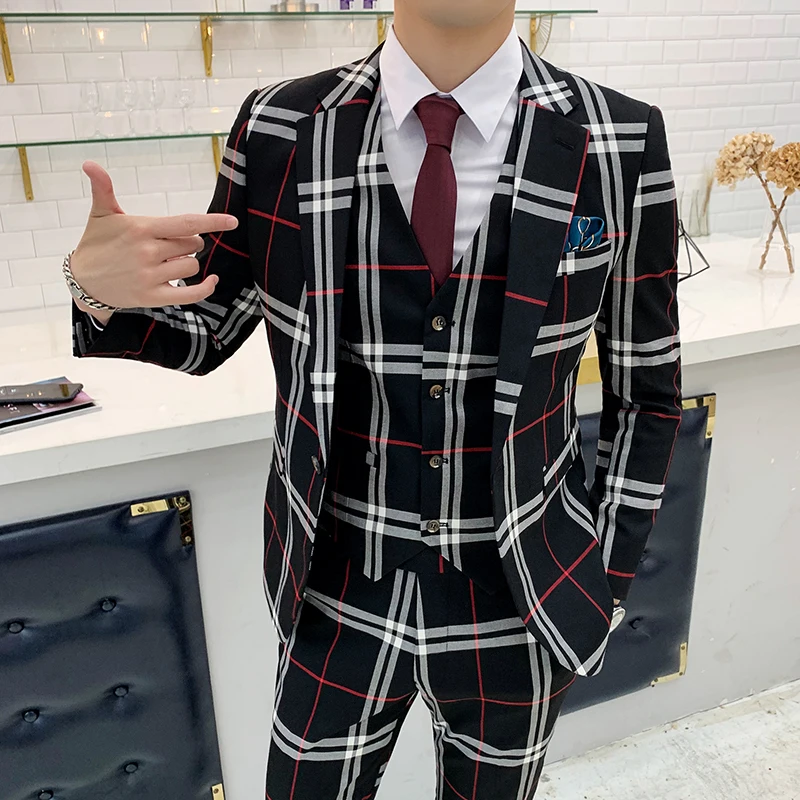British style suit suit men's business formal three-piece groom wedding dress coat pants vest blazer mens