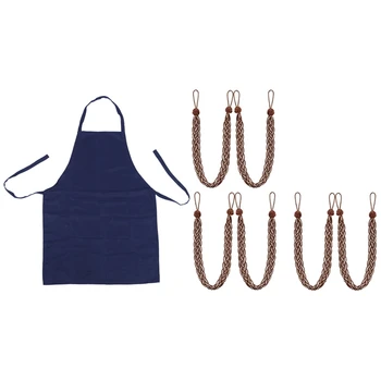 

1 Pcs Plain Apron with Front Pocket Dark Blue & 6 Pcs Curtain Holder Buckle Curtain Ties