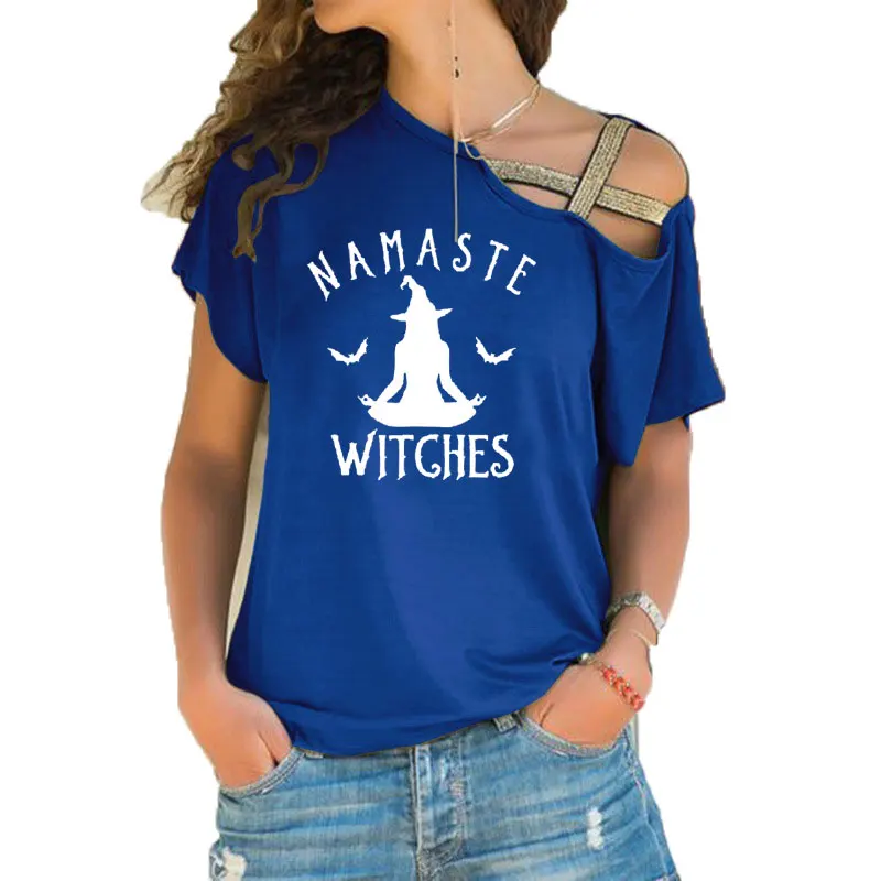 Футболка Namaste ведьмы, забавный подарок на Хэллоуин, футболка для женщин, модные, медитирующие, спящие, летучая мышь, футболки, неровные, крестообразные, бандажные Топы - Цвет: 12