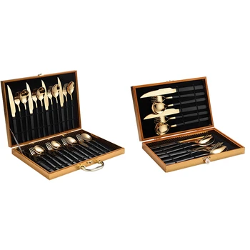 

NEW-12PC Black Gold Western Tableware Set Stainless Steel Fork and Spoon
