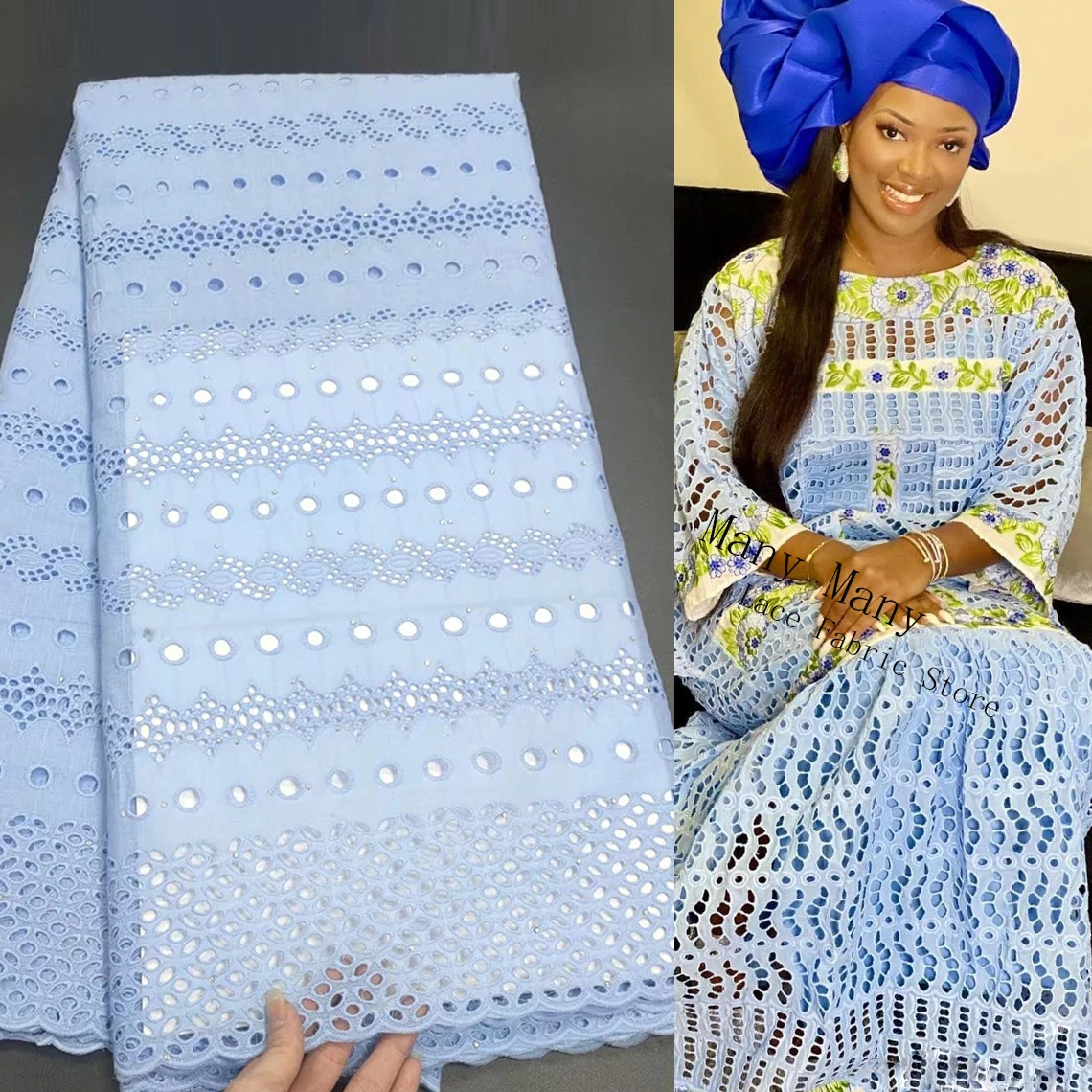 

African Ankara Dry Lace Swiss Voile Lace In Switzerland SKy Blue Color 100% Cotton Cord Fabrics Nigerian Women Dress Material
