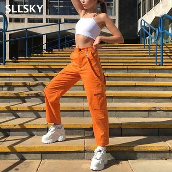 

SLLSKY Women Pockets Patchwork Cargo Pants High Waist Streetwear Ankle Length Trousers Women 2020 Spring Autumn Straight Pants