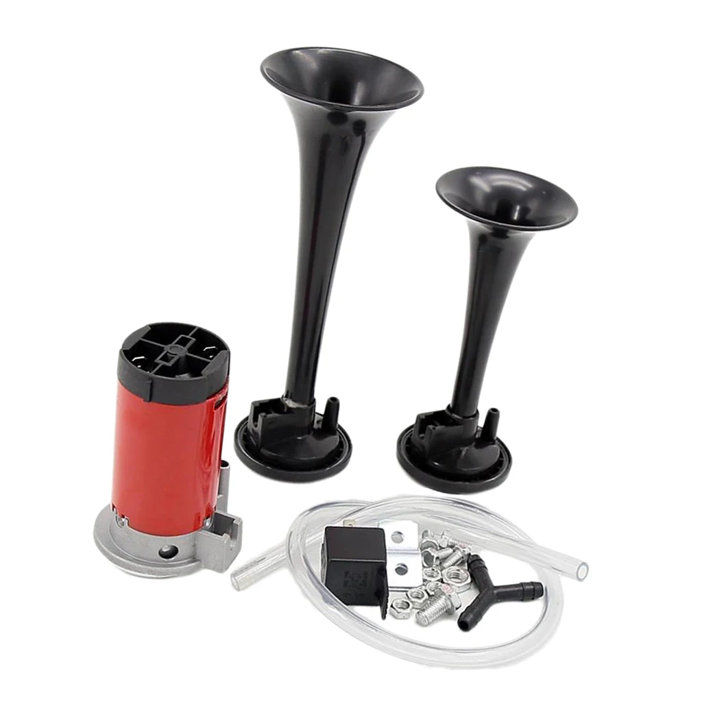 12V Dual Trumpet Air Horn - Premium Quality Stainless Steel Super Loud Powerful Train Car Van Truck Boat Air Horn - Black
