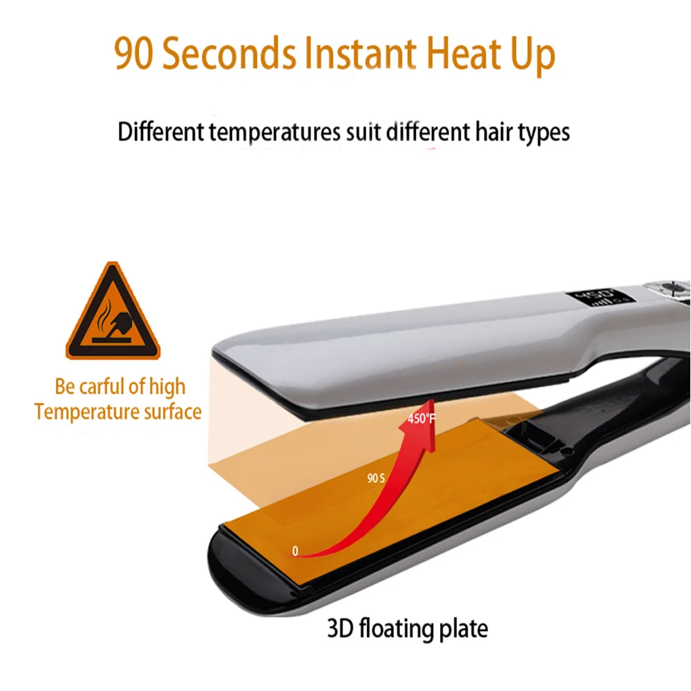 Hair Straightener Professional Tourmaline Ceramic PTC Hair Straightening 3D Flat Iron Wide Plate LCD Display Hair Styling Tool