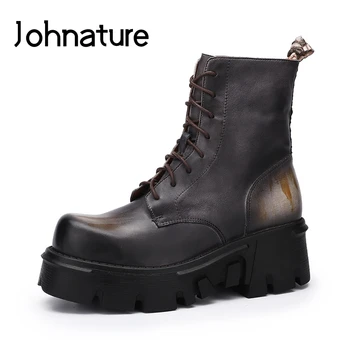 

Johnature Ankle Boots Retro 2020 New Autumn Winter Women Shoes Genuine Leather Round Toe Lace-up Wedges Platform Boots