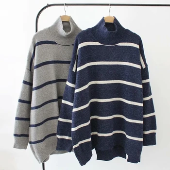 

Women Autumn Plus Size Striped Sweater Loose Casual Pullovers Knitwear Turtleneck Jumpers Split Sweater YY9605